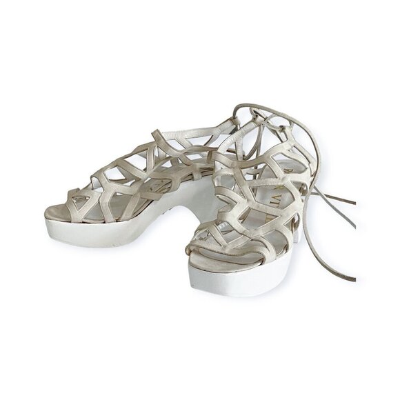 Vintage 80s Roger Vivier Caged Sandals on Platform Wedge, Off White Nubuk - Picture 4 of 16